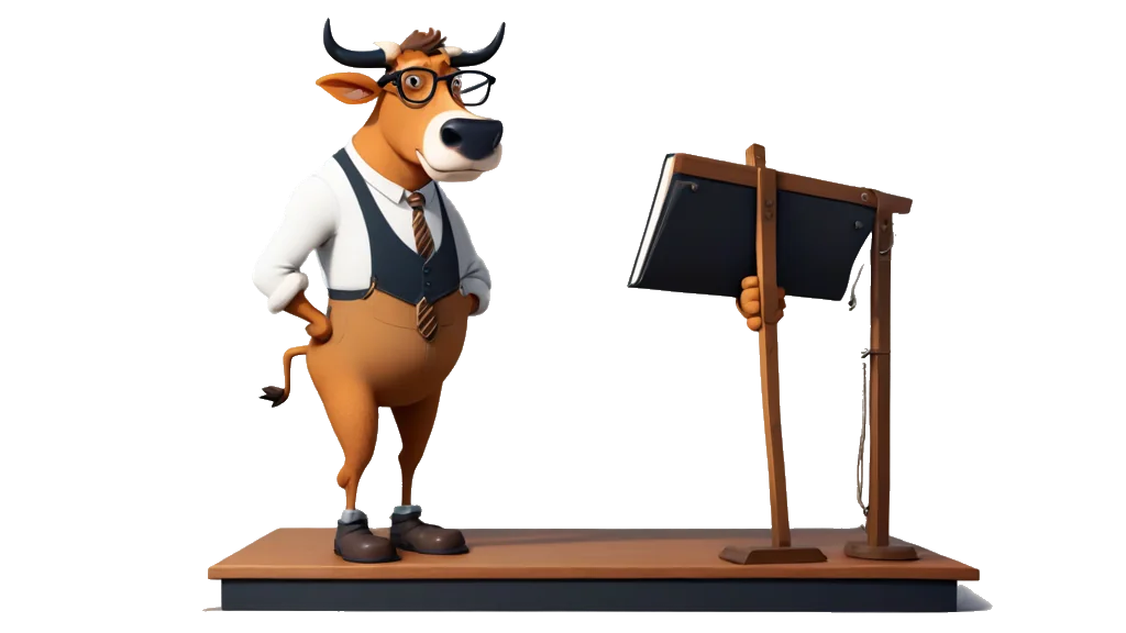 The bull auditor, at a tall desk, weighing two heavy ledgers on a balance scale