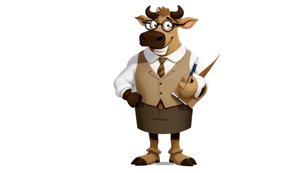 The bull auditor, at a desk of sorted paperwork, rubber stamp in hand