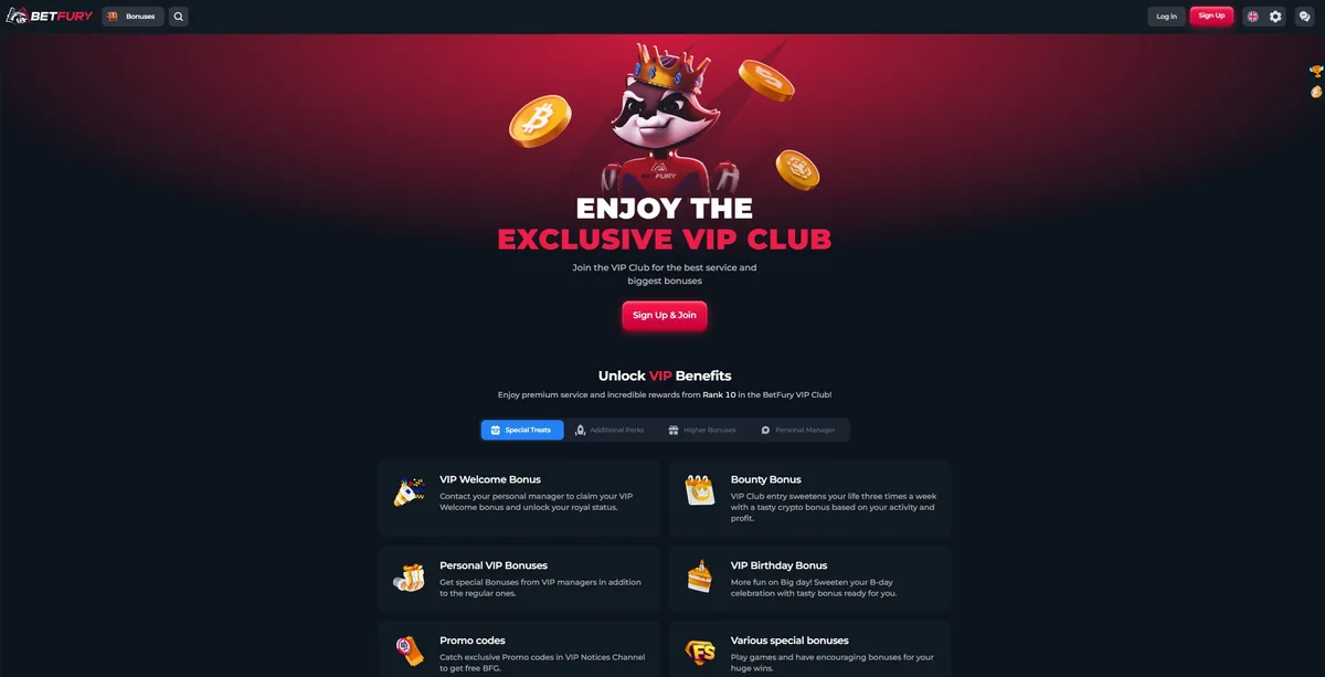 La página del club VIP de BetFury que enumera los beneficios de los miembros sin ningún porcentaje