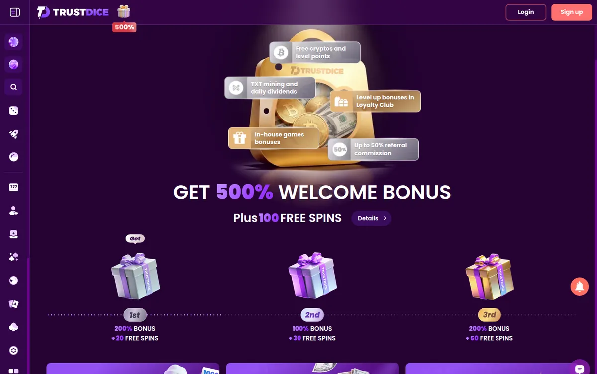 La página de promociones de TrustDice que enumera sus ofertas de bonos actuales y sus condiciones principales